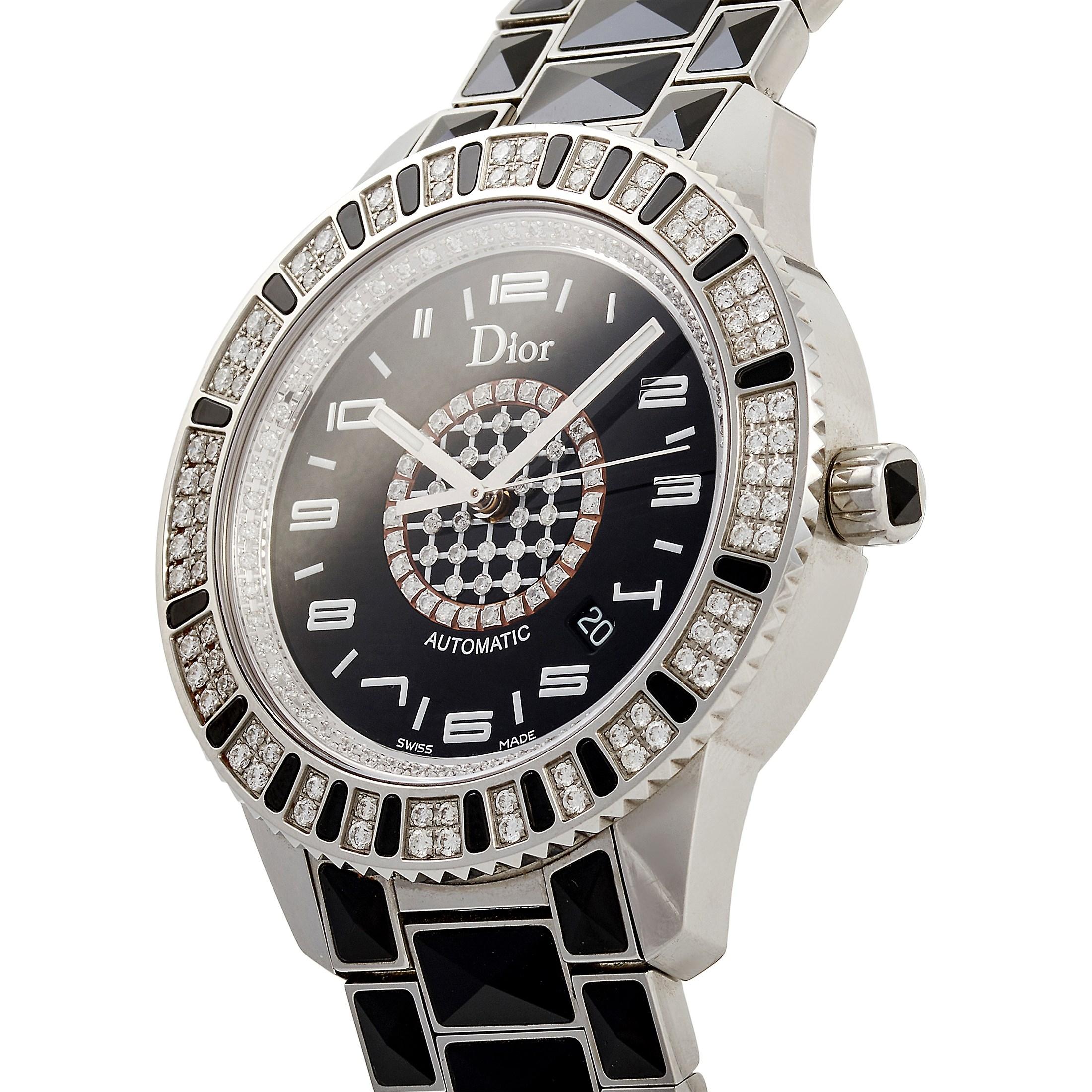 Dior Christal Stainless Steel Diamond 42mm watch, reference number CD115511, comes with a stainless steel case that measures 40.5 mm in diameter and includes a bezel set with diamonds and black gemstones. The case is presented on a matching