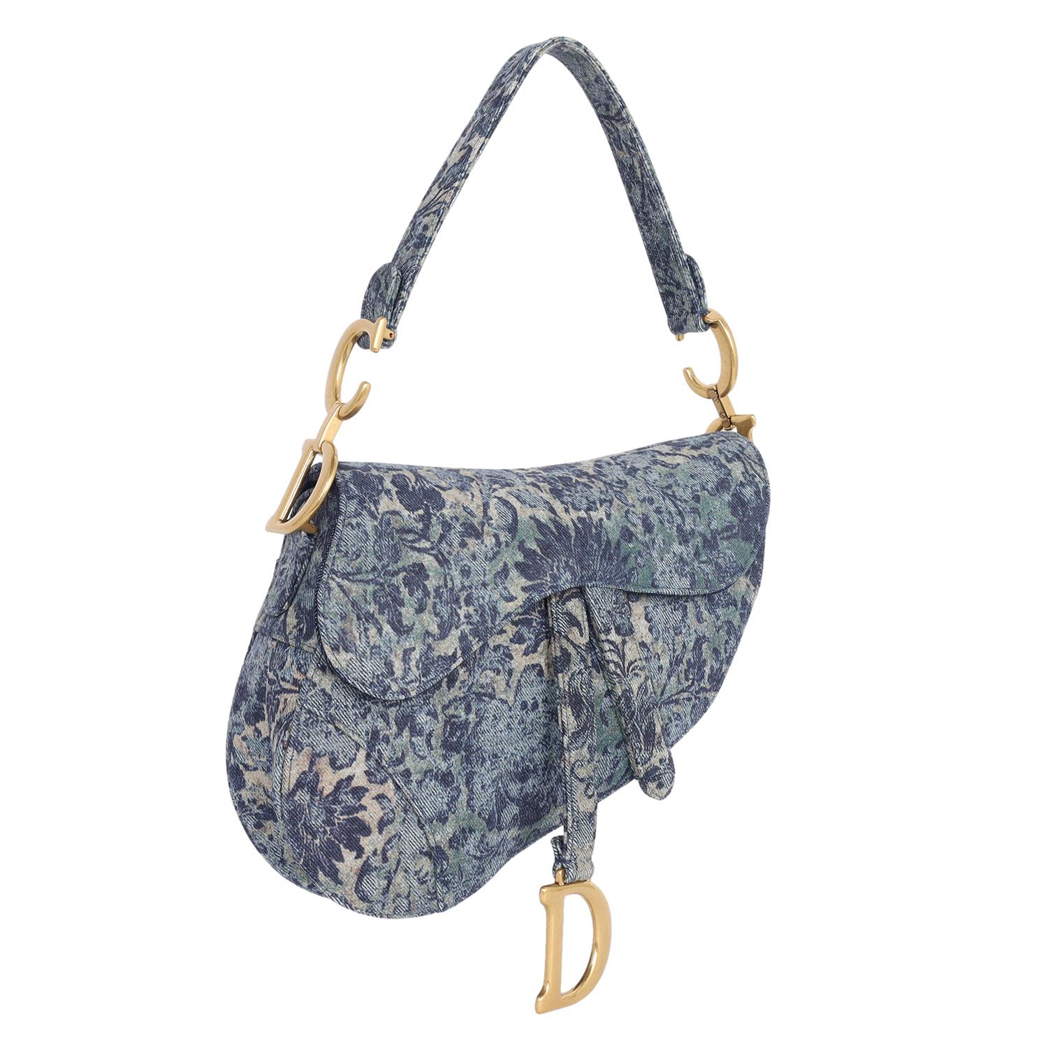 Gray Dior Christian Dior 2022 Medium Floral Denim Saddle Bag