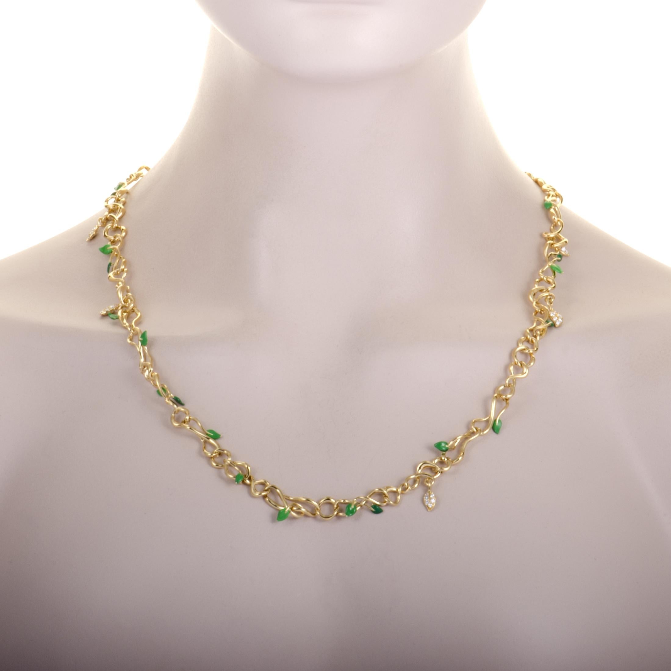 Drawing inspiration from the enticing beauty of nature, this marvelous necklace compels with its imaginative design and vivacious décor. The necklace is presented by Dior and it is exquisitely crafted from luxuriously radiant 18K yellow gold,
