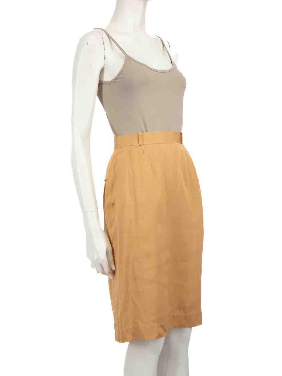 CONDITION is Very good. Hardly any visible wear to skirt is evident on this used Christian Dior designer resale item.
 
 
 
 Details
 
 
 Beige
 
 Silk
 
 Straight skirt
 
 Knee length
 
 2x Side pockets
 
 2x Back pockets
 
 Back zip and hook