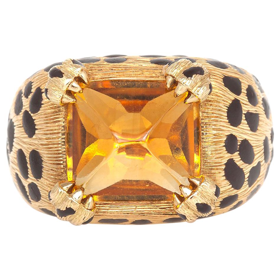 Dior Citrine and Enamel Leopard Print Ring For Sale