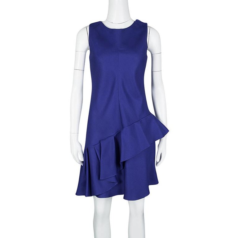 Dior Cobalt Blue Silk Wool Ruffled Bottom Sleeveless Dress M at 1stDibs