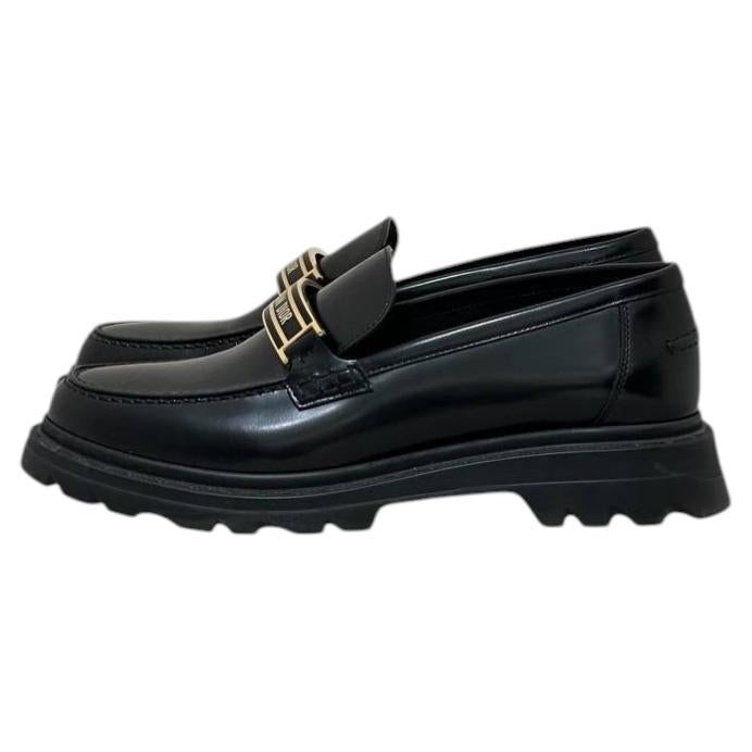 Dior Code Black Brushed Calfskin Gold Logo Platform Loafers Sz.38 en vente