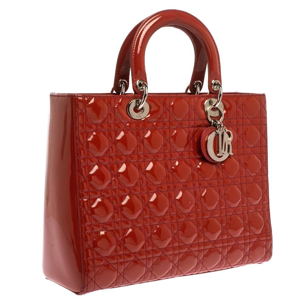 Dior Copper/Crimson Pink Cannage Patent Leather Large Lady Dior Tote In Good Condition In Dubai, Al Qouz 2