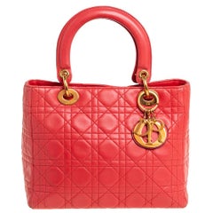 Dior Coral Cannage Leather Lady Dior Tote