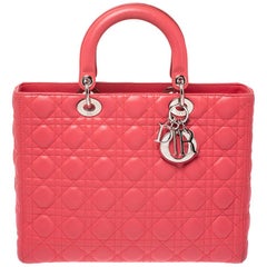 Dior Coral Cannage Leather Large Lady Dior Tote