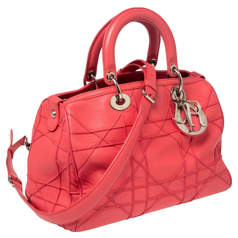 Dior Coral Pink Cannage Leather Granville Polochon Satchel In Good Condition In Dubai, Al Qouz 2