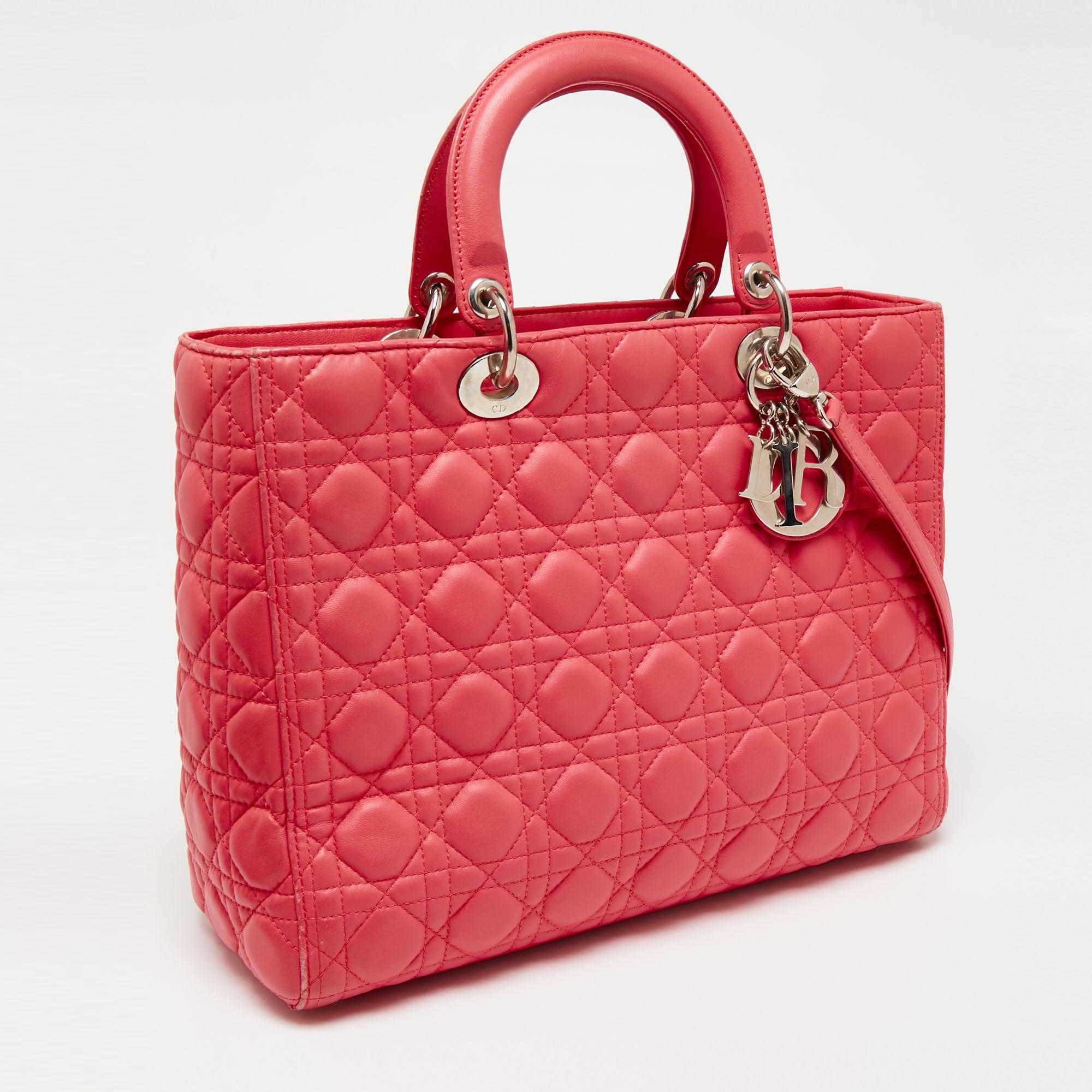Dior Coral Pink Cannage Leather Large Lady Dior Tote In Good Condition In Dubai, Al Qouz 2