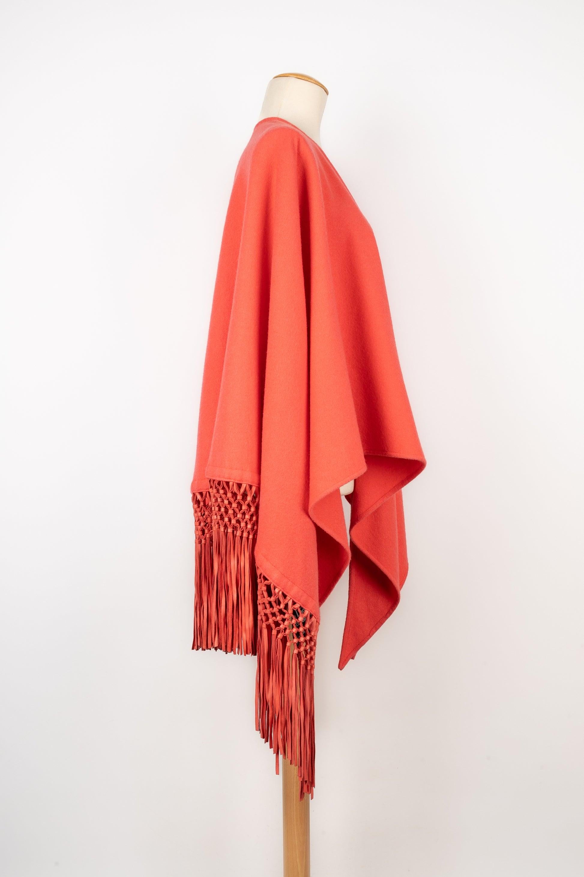 Red Dior Coral-Pink Cashmere Stole/Shawl with Leather Fringes For Sale
