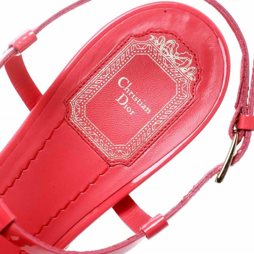 Women's Dior Coral Pink Patent Leather Espadrille Wedge T-Strap Sandals Size 39.5