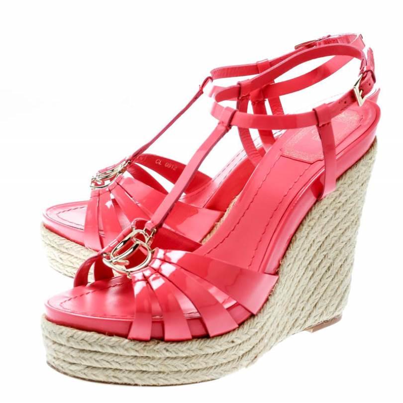 Dior Coral Pink Patent Leather Espadrille Wedge T-Strap Sandals Size 39.5 1