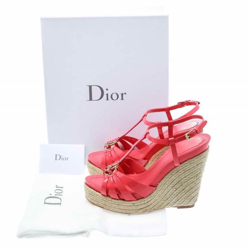 Dior Coral Pink Patent Leather Espadrille Wedge T-Strap Sandals Size 39.5 3