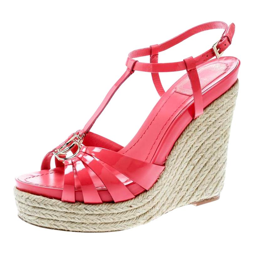 Dior Coral Pink Patent Leather Espadrille Wedge T-Strap Sandals Size 39.5