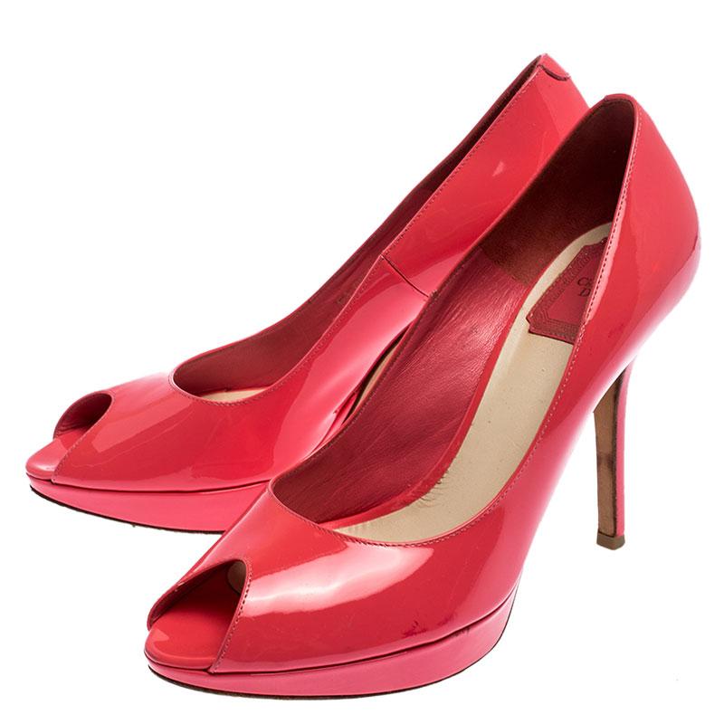 Women's Dior Coral Pink Patent Leather Miss Dior Peep Toe Platform Pumps Size 38.5