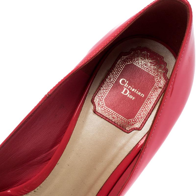 Dior Coral Pink Patent Leather Miss Dior Peep Toe Platform Pumps Size 38.5 1