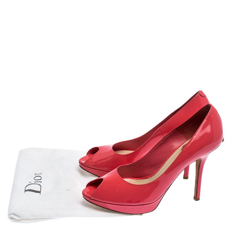 Dior Coral Pink Patent Leather Miss Dior Peep Toe Platform Pumps Size 38.5 3