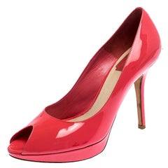 Dior Coral Pink Patent Leather Miss Dior Peep Toe Platform Pumps Size 38.5