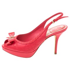Dior Coral Red Cannage Leather Bow Slingback Peep Toe Platform Sandals Size 37.5