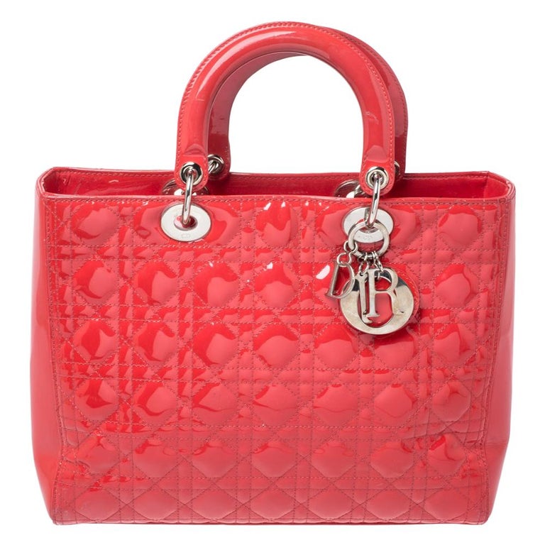 Dior Coral Red Cannage Patent Leather Large Lady Dior Tote For Sale at ...