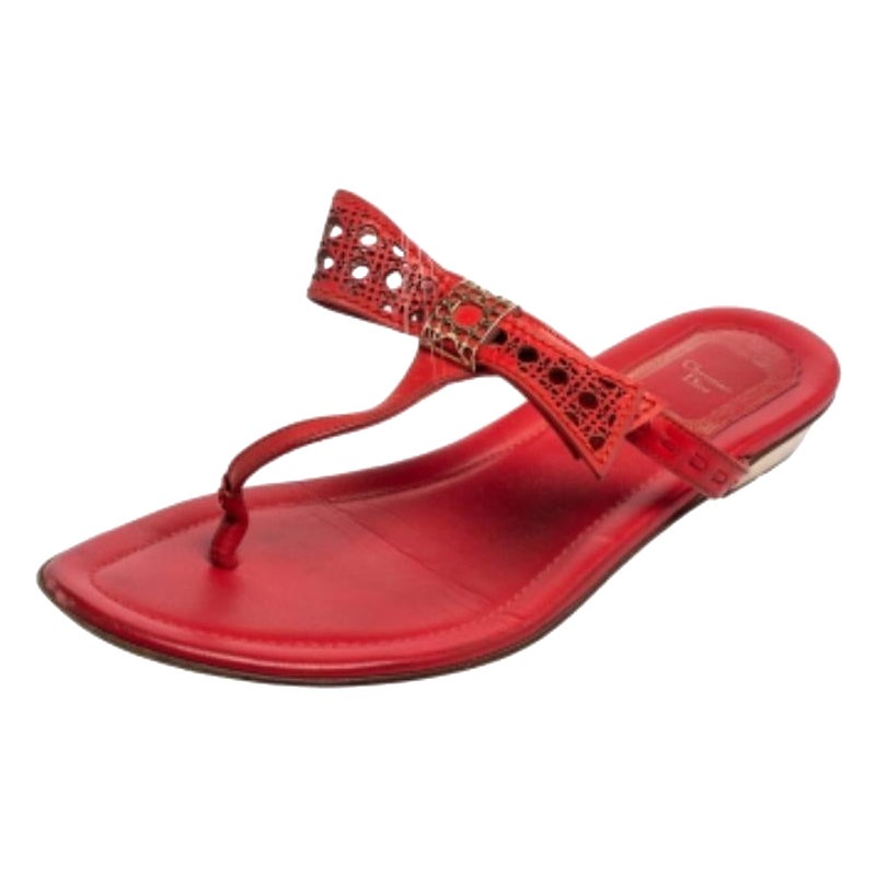 Dior Coral Red Leather Cannage Bow Thong Flats Size 37