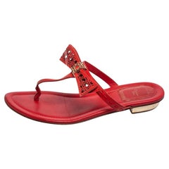 Dior Coral Red Leather Cannage Bow Thong Flats Size 37