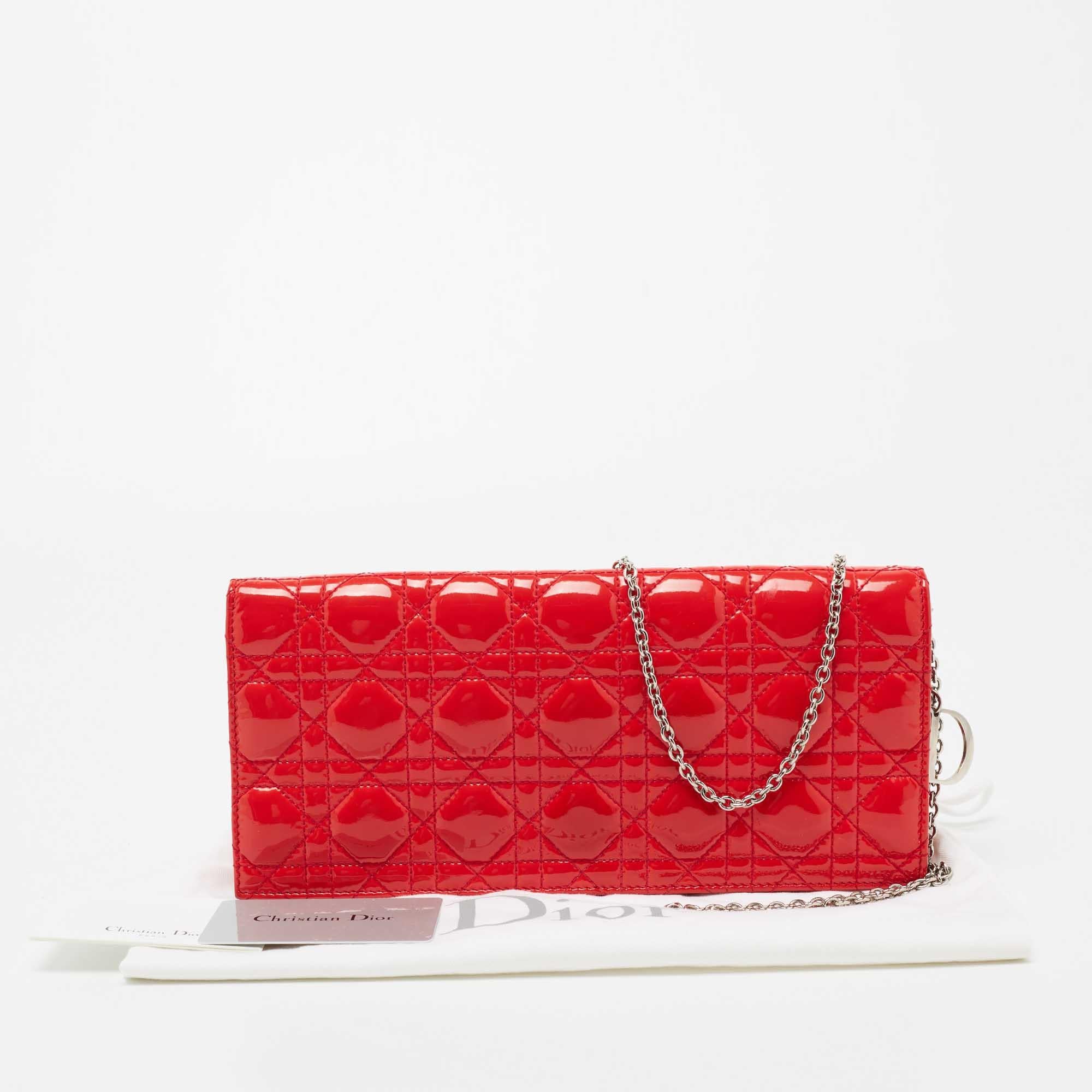 Dior Coral Red Quilted Cannage Patent Leather Lady Dior Chain Clutch 5