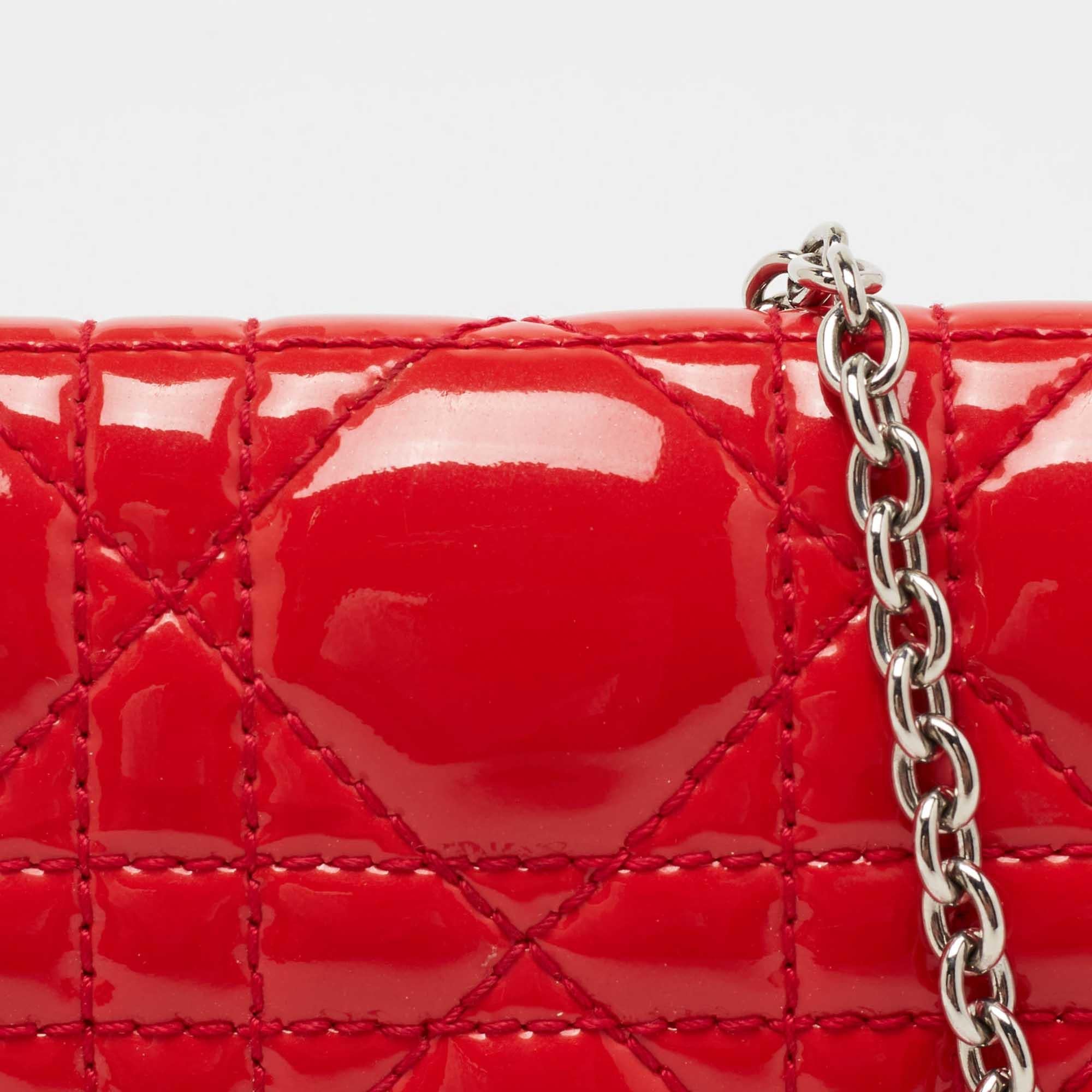 Dior Coral Red Quilted Cannage Patent Leather Lady Dior Chain Clutch 6