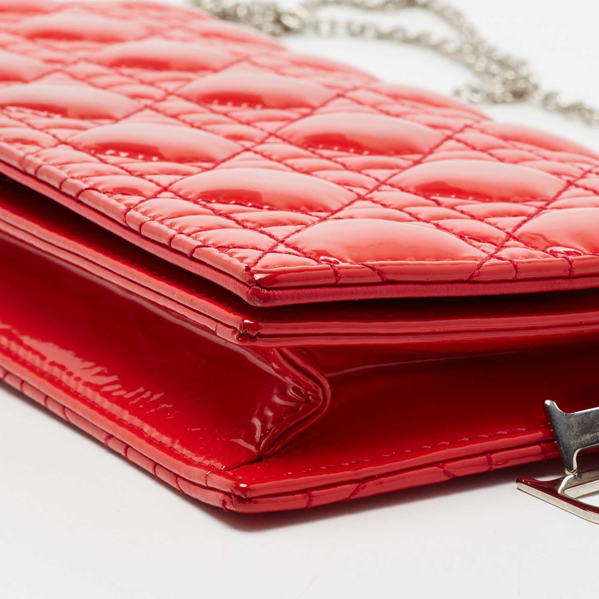 Women's Dior Coral Red Quilted Cannage Patent Leather Lady Dior Chain Clutch