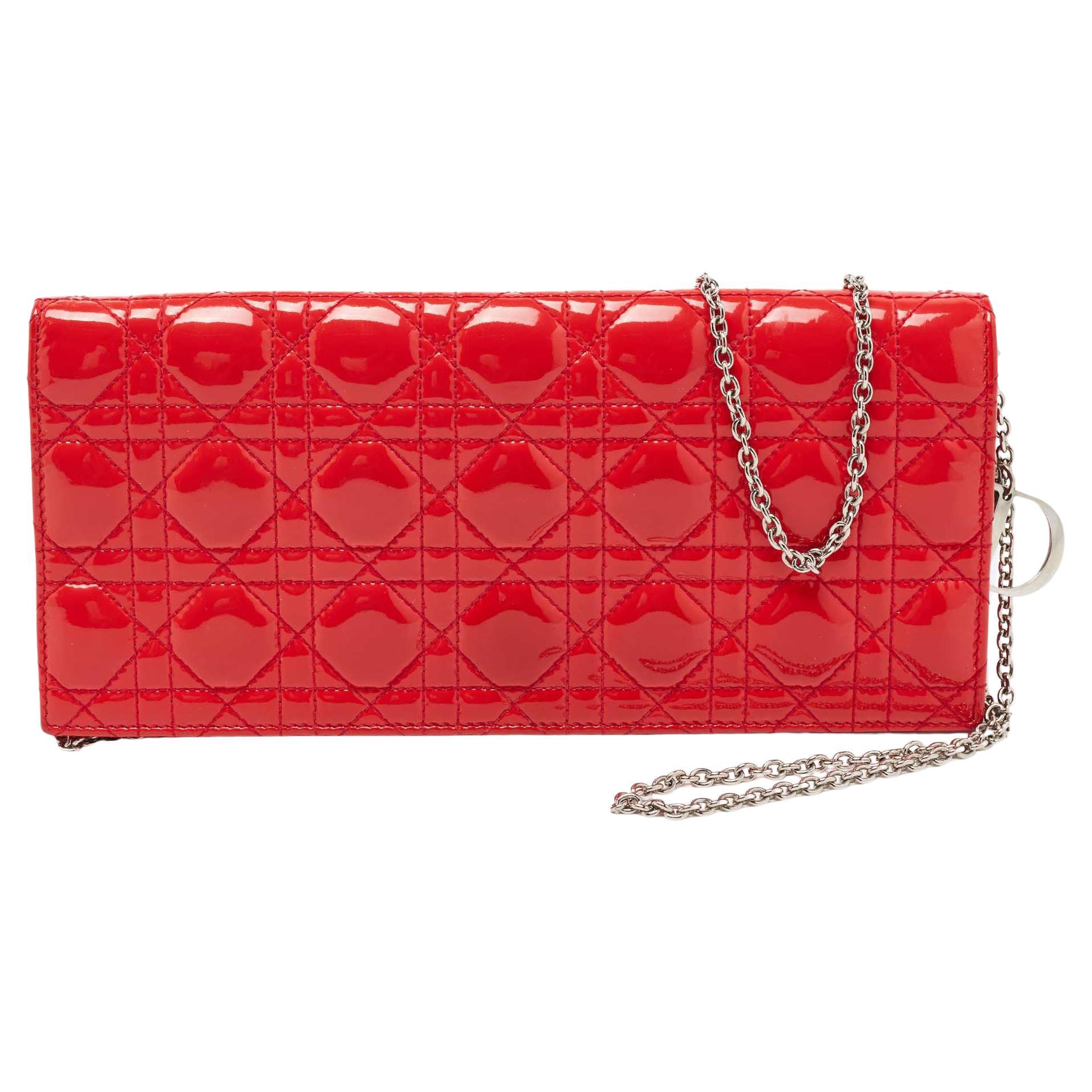 Dior Coral Red Quilted Cannage Patent Leather Lady Dior Chain Clutch