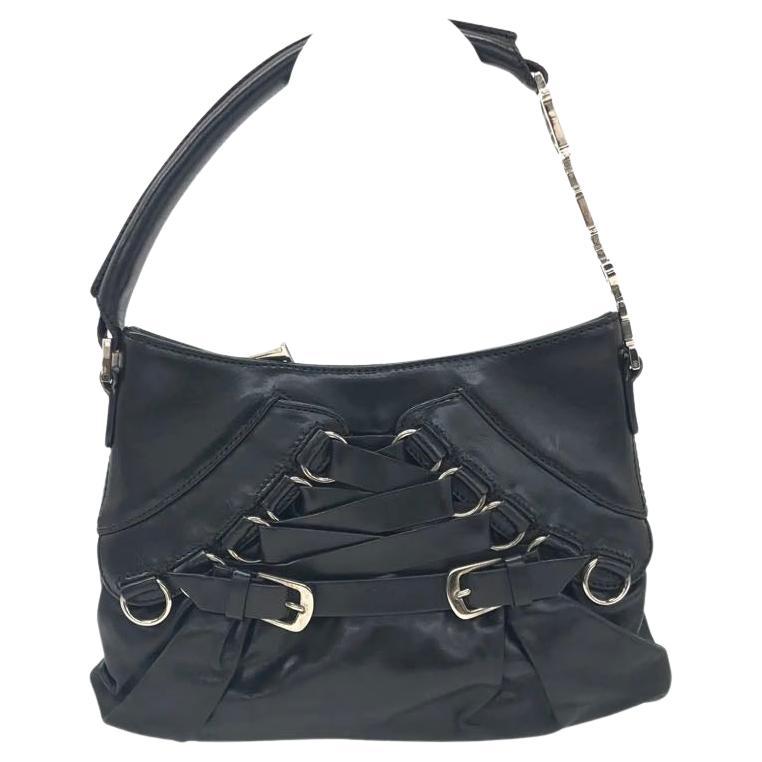 Dior Corset Black Leather Lace-up Ballet Bag Handbag Silver Hardware