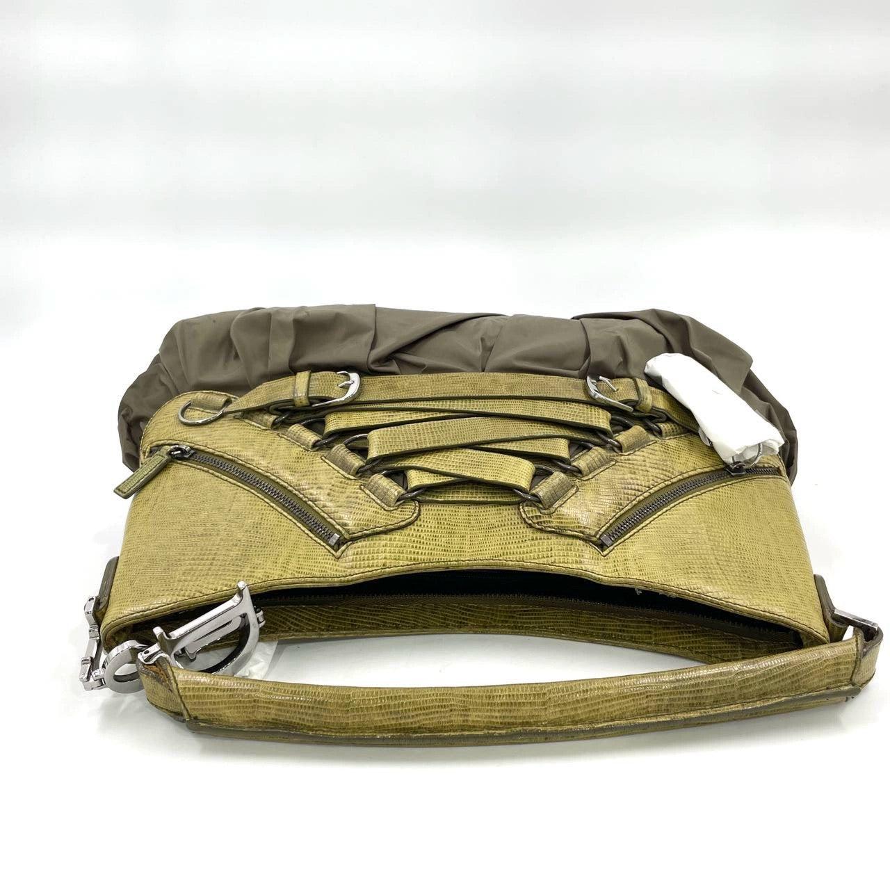 Dior Corset Dark Green Lizard-skin Leather and Satin Lace-up Ballet Bag For Sale 1
