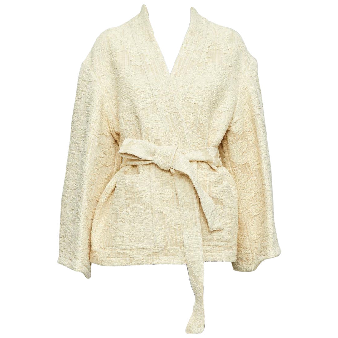 DIOR cream beige cotton oriental jacquard wide sleeve belted coat FR36 S