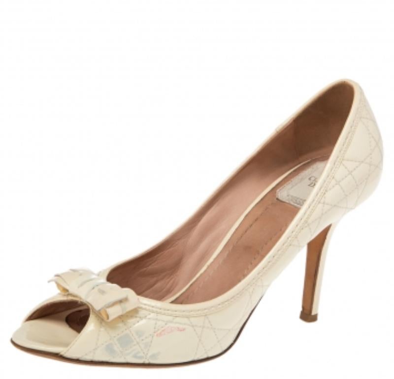 Dior Cream Cannage Patent Leather Bow Peep Toe Pumps Size 40 1