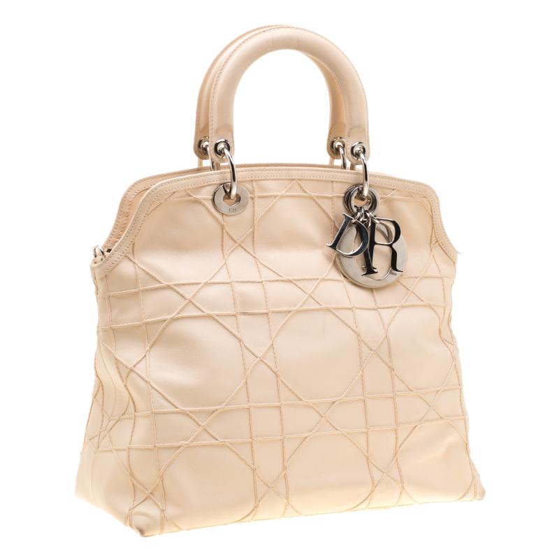 Dior Cream Cannage Quilted Leather Granville Tote In Good Condition In Dubai, Al Qouz 2