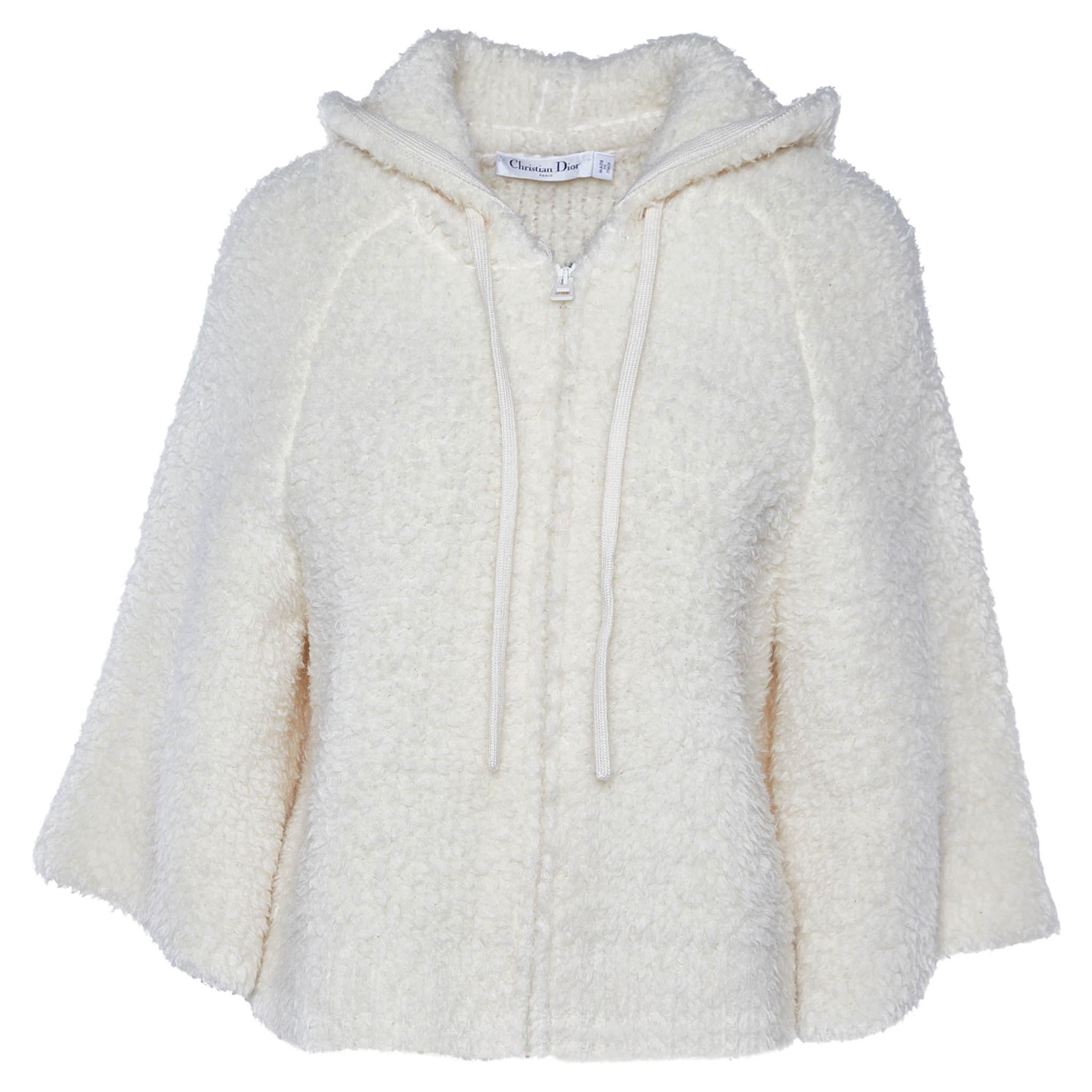 Dior Cremefarbene Fleece-Strickjacke aus Wolle J'Adior 8 mit Kapuze S im Angebot