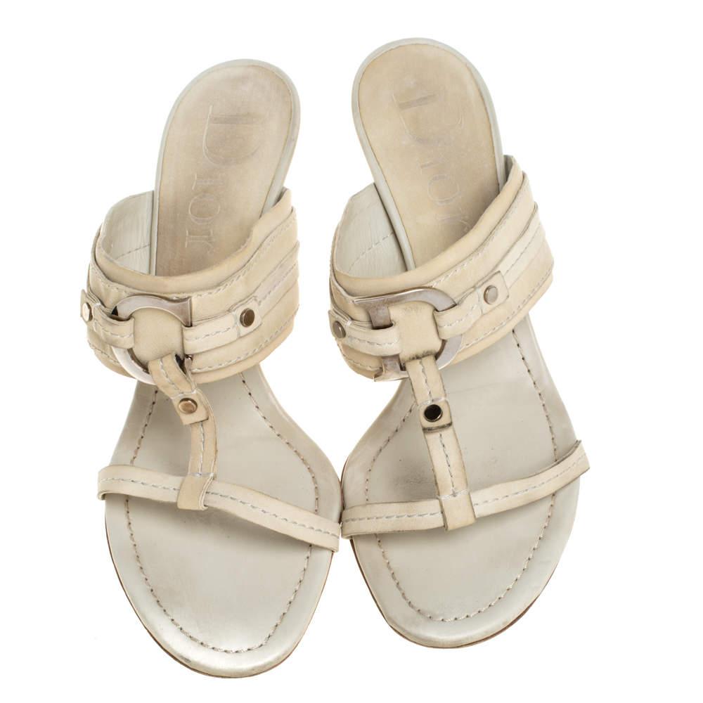 Beige Dior Cream Leather Slide Sandals Size 37