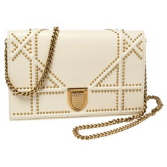 Dior Cream Leather Studded Diorama Wallet on Chain