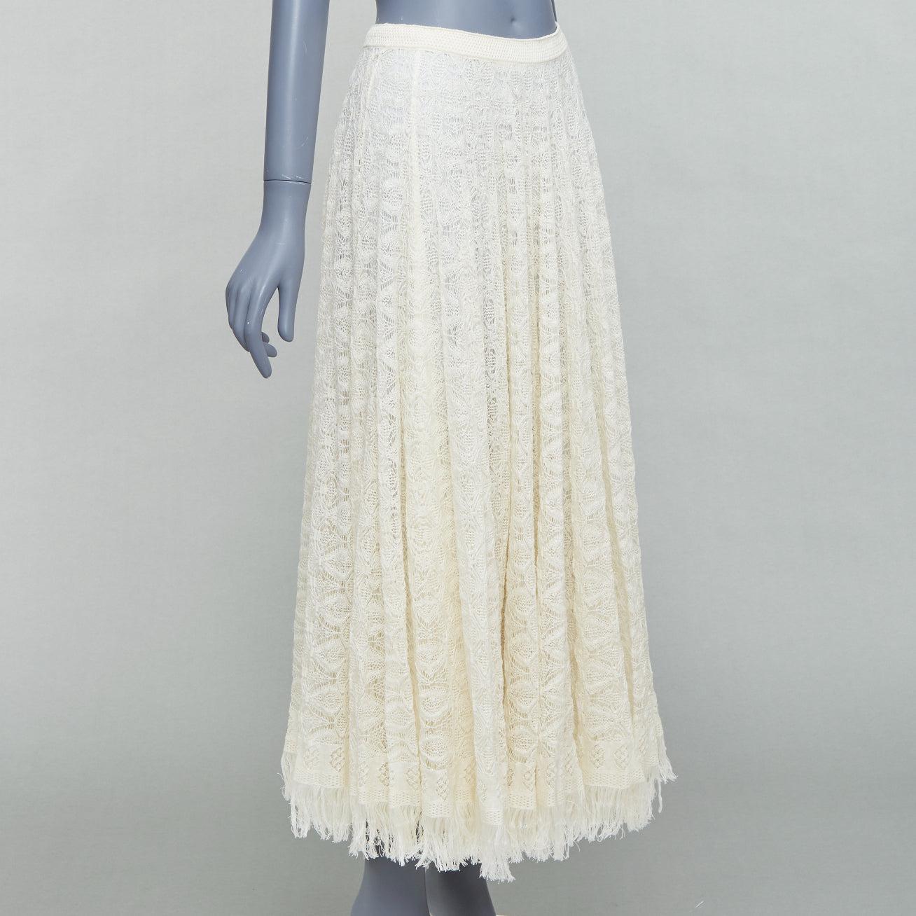 Beige DIOR crema lino cashmere seta maglia aperta pizzo gonna midi FR38 M in vendita