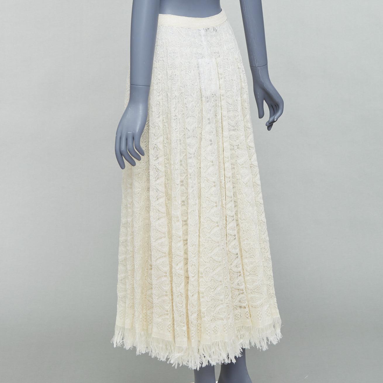 DIOR crema lino cashmere seta maglia aperta pizzo gonna midi FR38 M in vendita 1