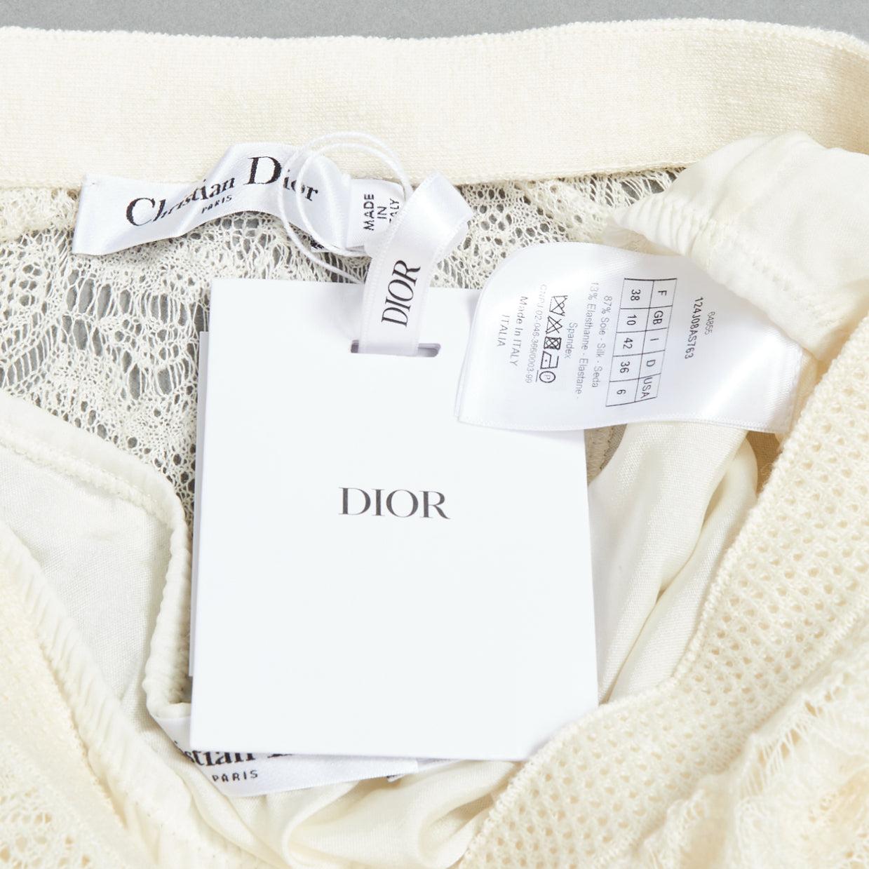 DIOR crema lino cashmere seta maglia aperta pizzo gonna midi FR38 M in vendita 3