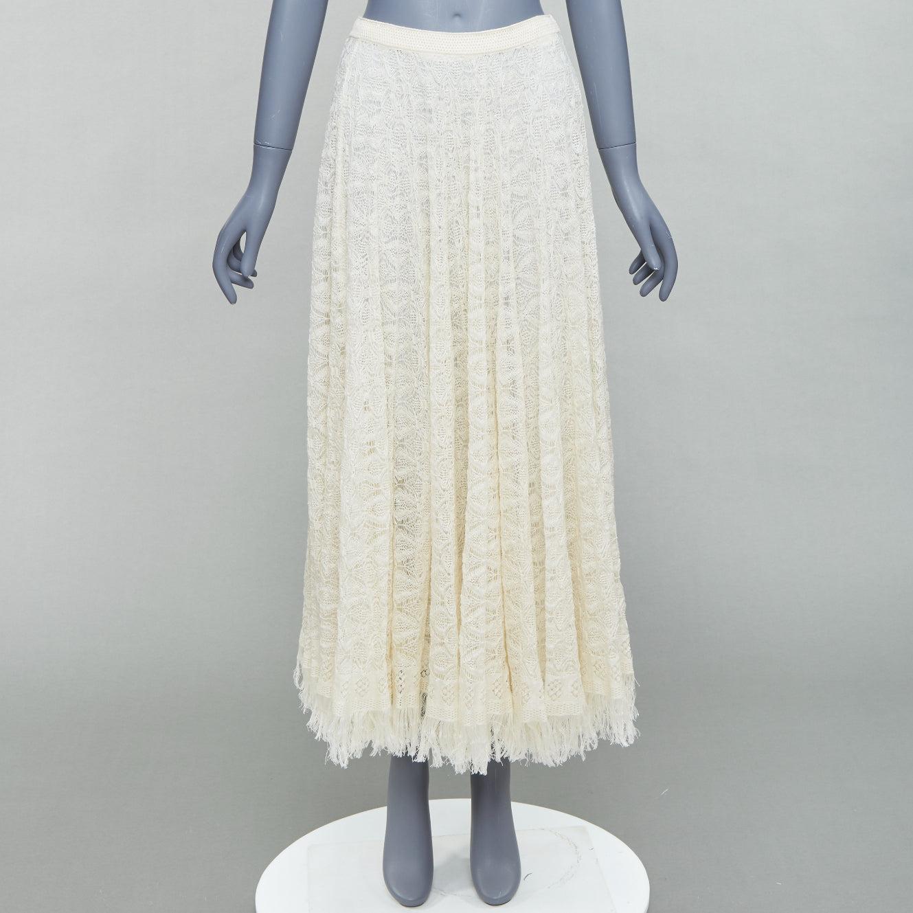DIOR crema lino cashmere seta maglia aperta pizzo gonna midi FR38 M in vendita 4