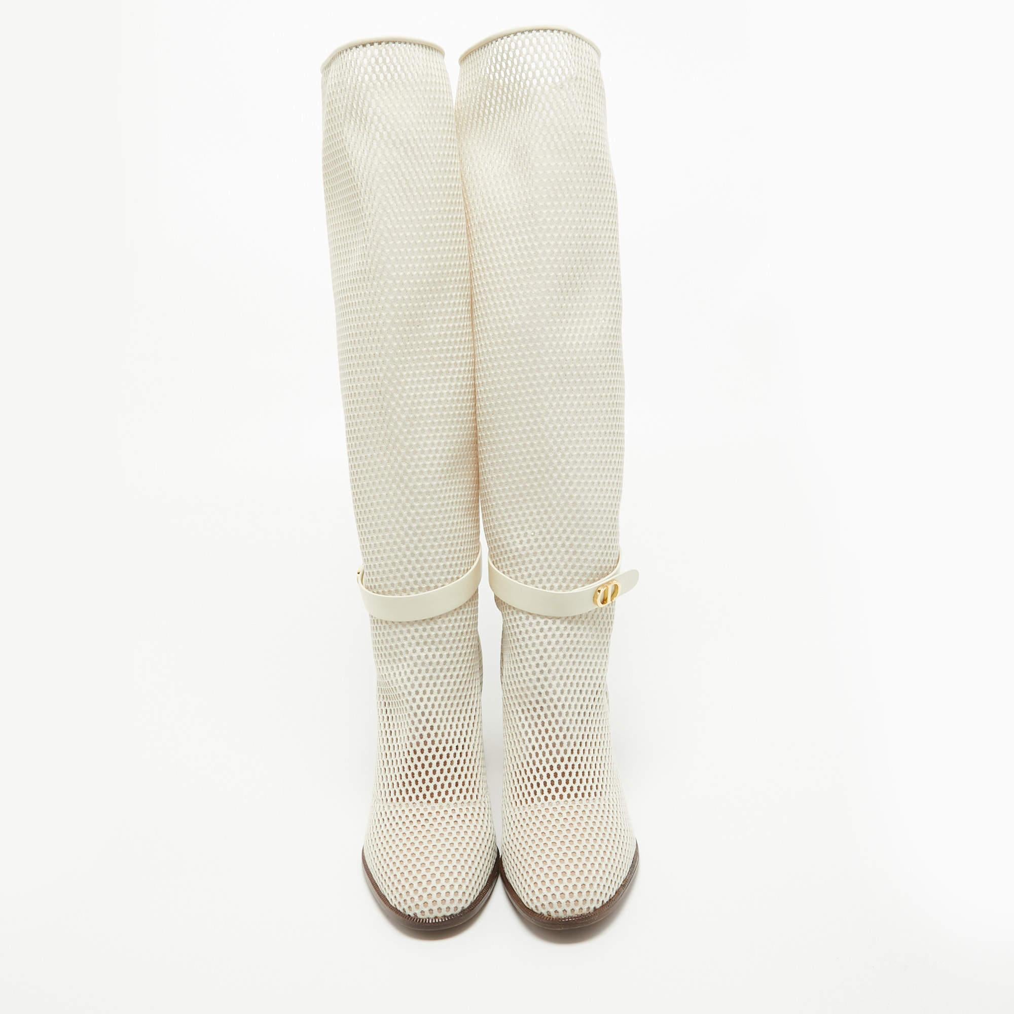 Dior Cream Mesh and Leather Knee Length Boots Size 39 In Excellent Condition In Dubai, Al Qouz 2