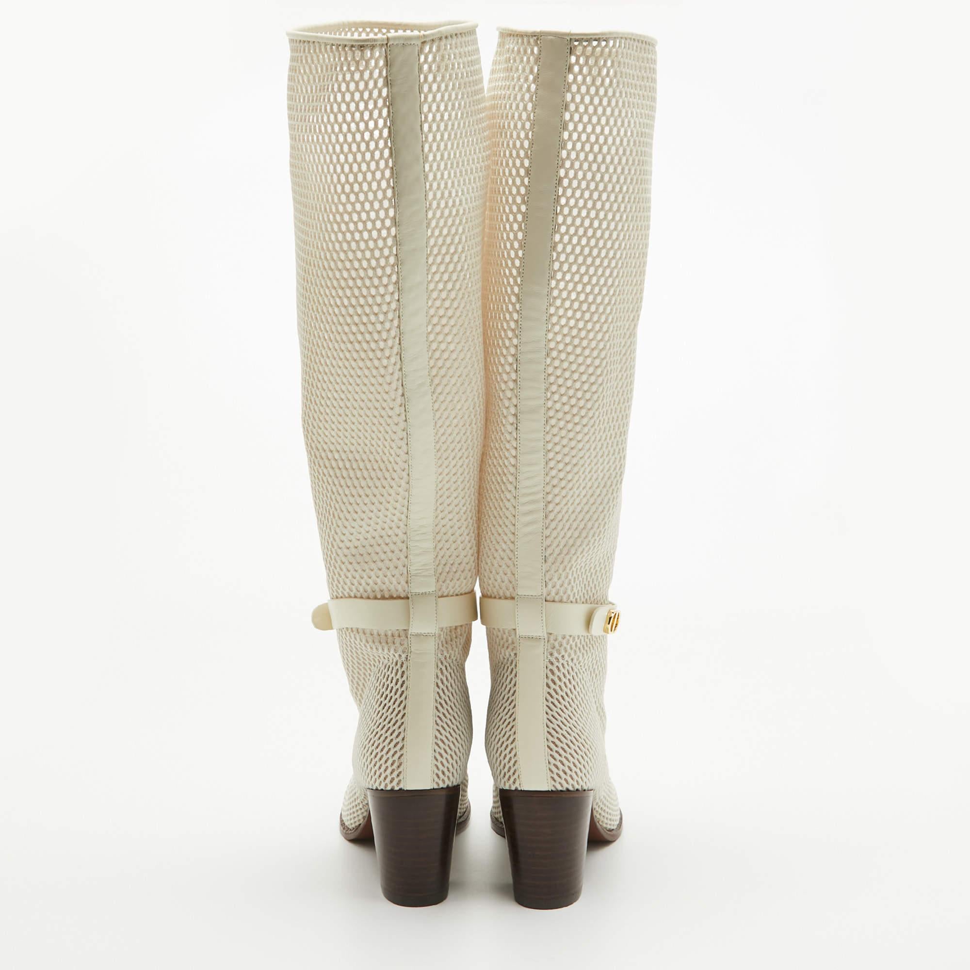 Women's Dior Cream Mesh and Leather Knee Length Boots Size 39