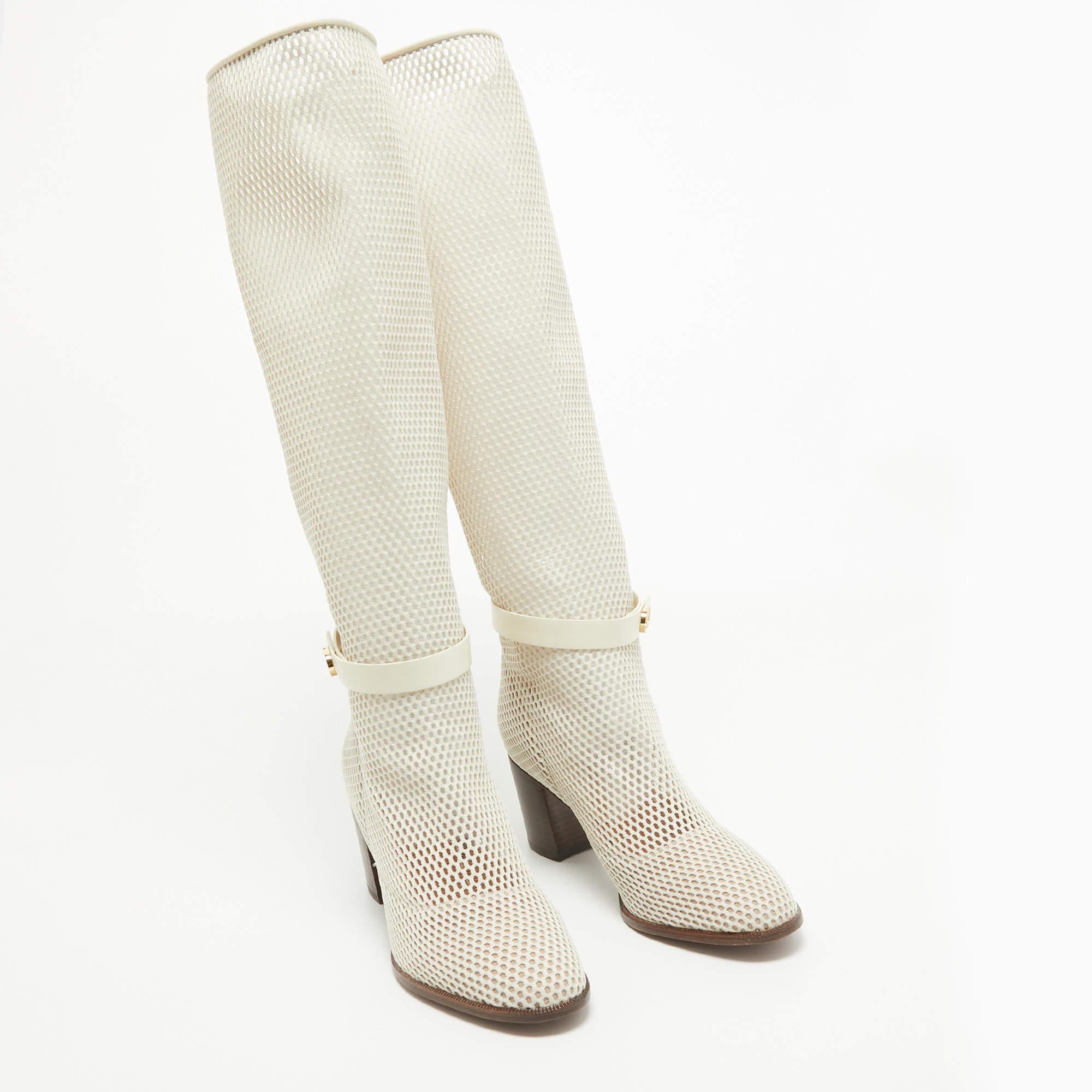 Dior Cream Mesh and Leather Knee Length Boots Size 39 2