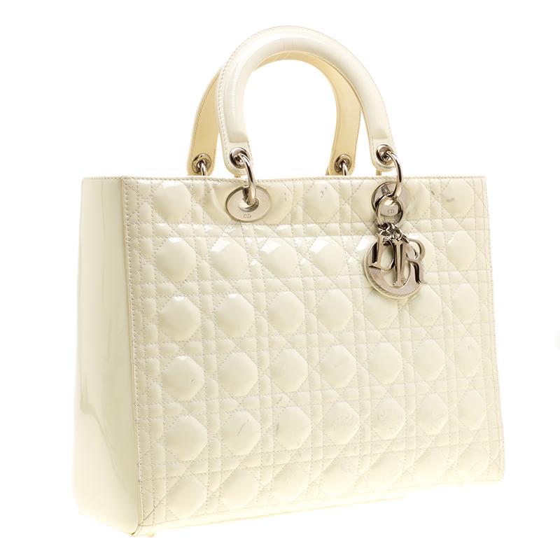 Dior Cream Patent Leather Large Lady Dior Tote (Beige)