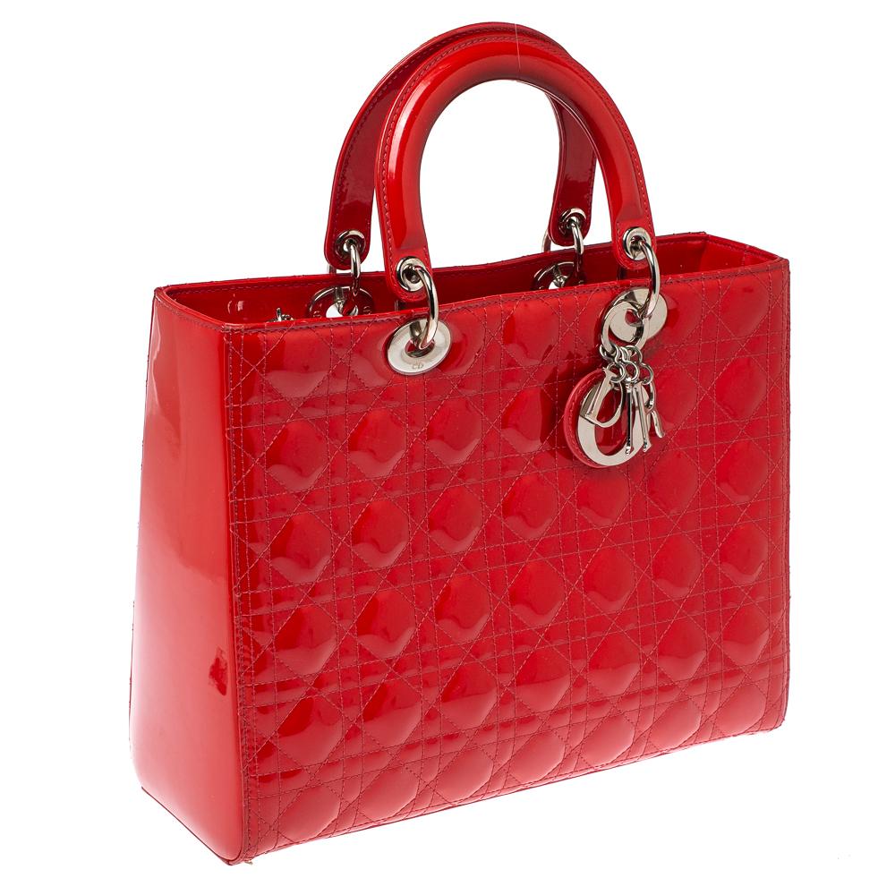 Dior Crimson Red Cannage Große Lady Dior Tote aus Lackleder 8