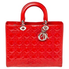 Dior Crimson Red Cannage Patent Leather Large Lady Dior Tote