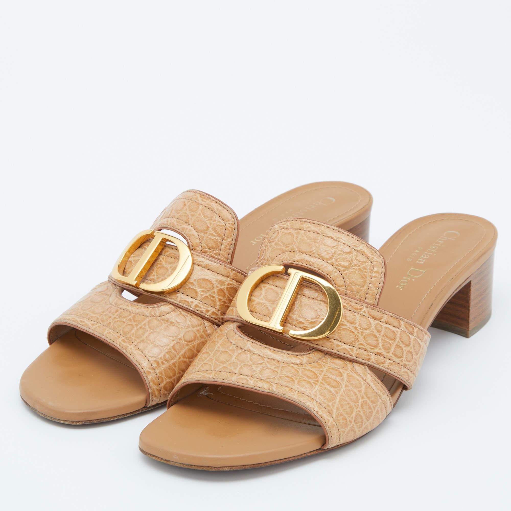 Women's Dior Croc Embossed Leather CD Logo Montaigne Block Heel Slide Sandals Size 39