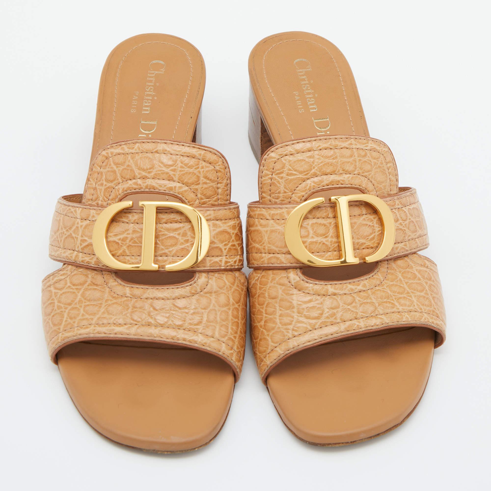 Dior Croc Embossed Leather CD Logo Montaigne Block Heel Slide Sandals Size 39 3