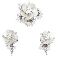 Dior Crystal Beaded Flower Silver Tone Metal Clip On Earrings and Cocktail Ring 